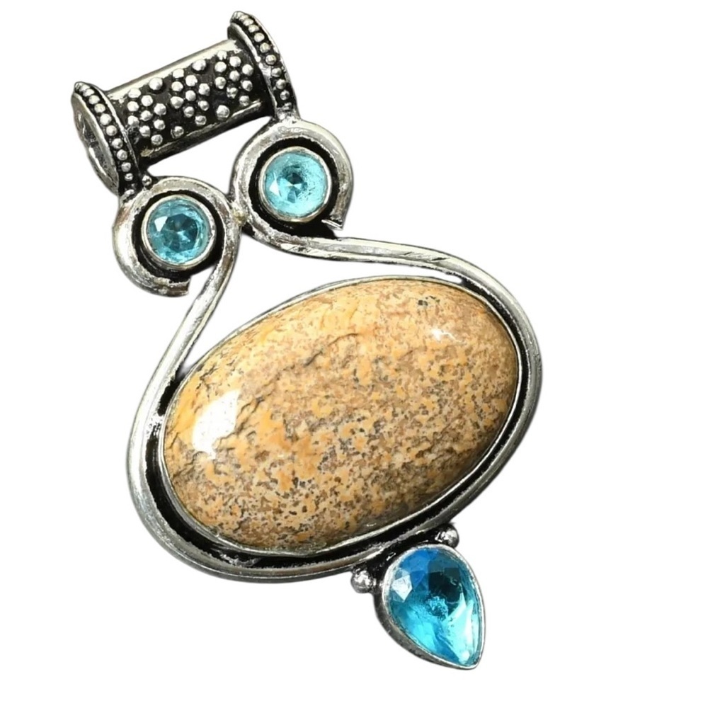 Handcrafted Artisan Jewelry Picture Jasper w/Blue Crystal Plated Silver Pendant